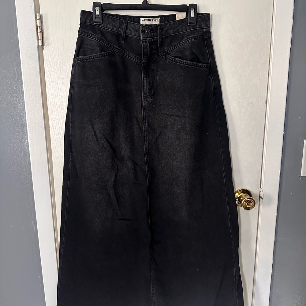 Free People Denim Black Maxi Skirt with frayed ends